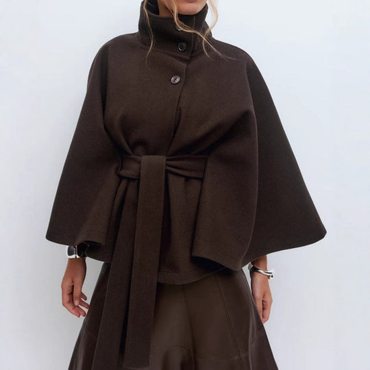 Damen modische Wolljacke mit hohem Kragen und Gürtel