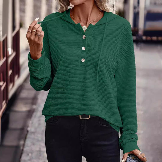 Damen Texturierter Kapuzen-Henleypullover mit Knopfleiste Nord Taschen