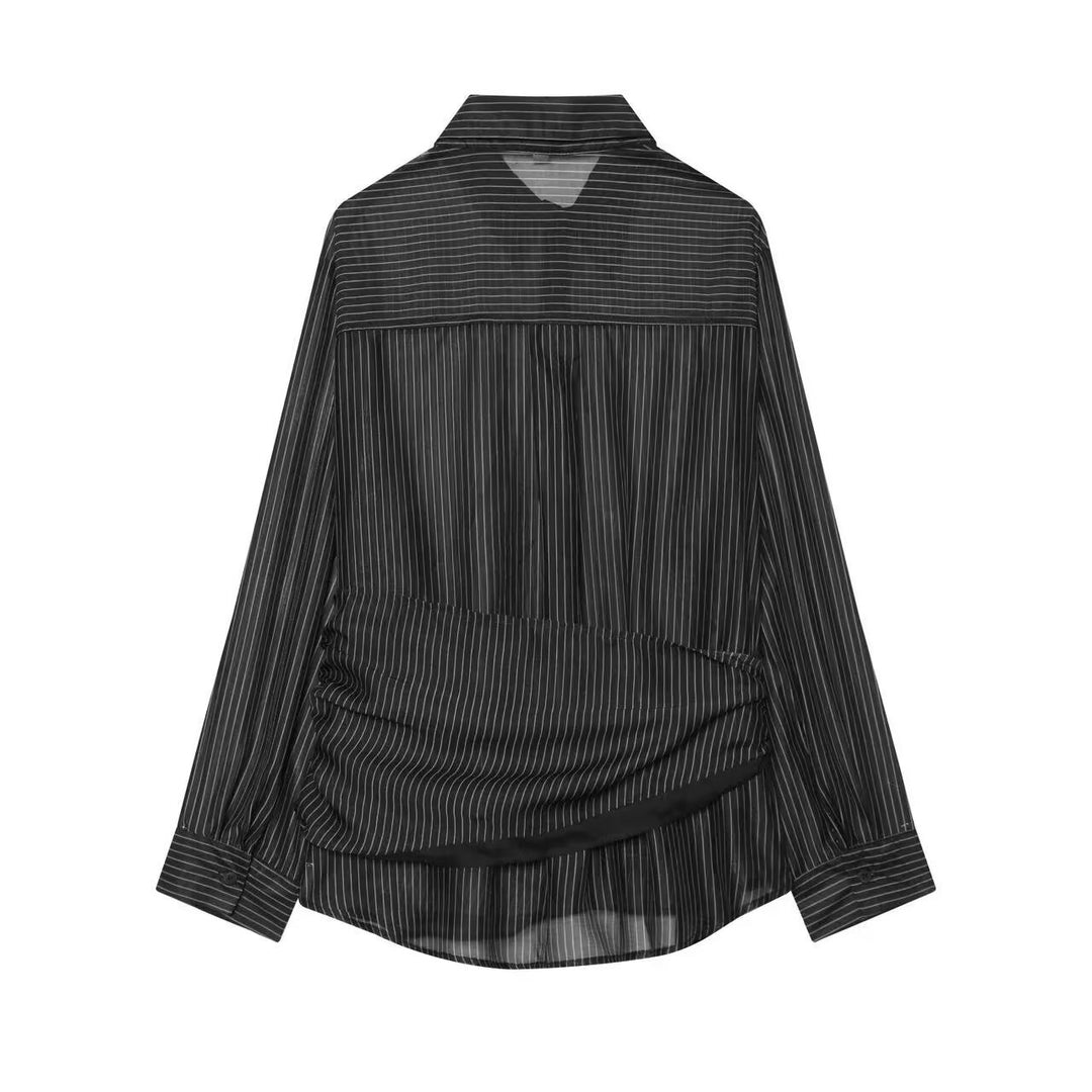 Damen Nadelstreifen-Seidenoptik-Bluse mit seitlicher Knotendetail Nord Taschen