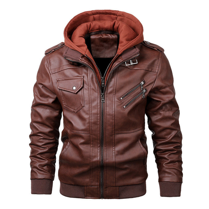 Herren  Kunstleder-Bikerjacke mit abnehmbarer Kapuze, Stehkragen, Schulterpatten und mehrfachen Reißverschlusstaschen Nord Taschen
