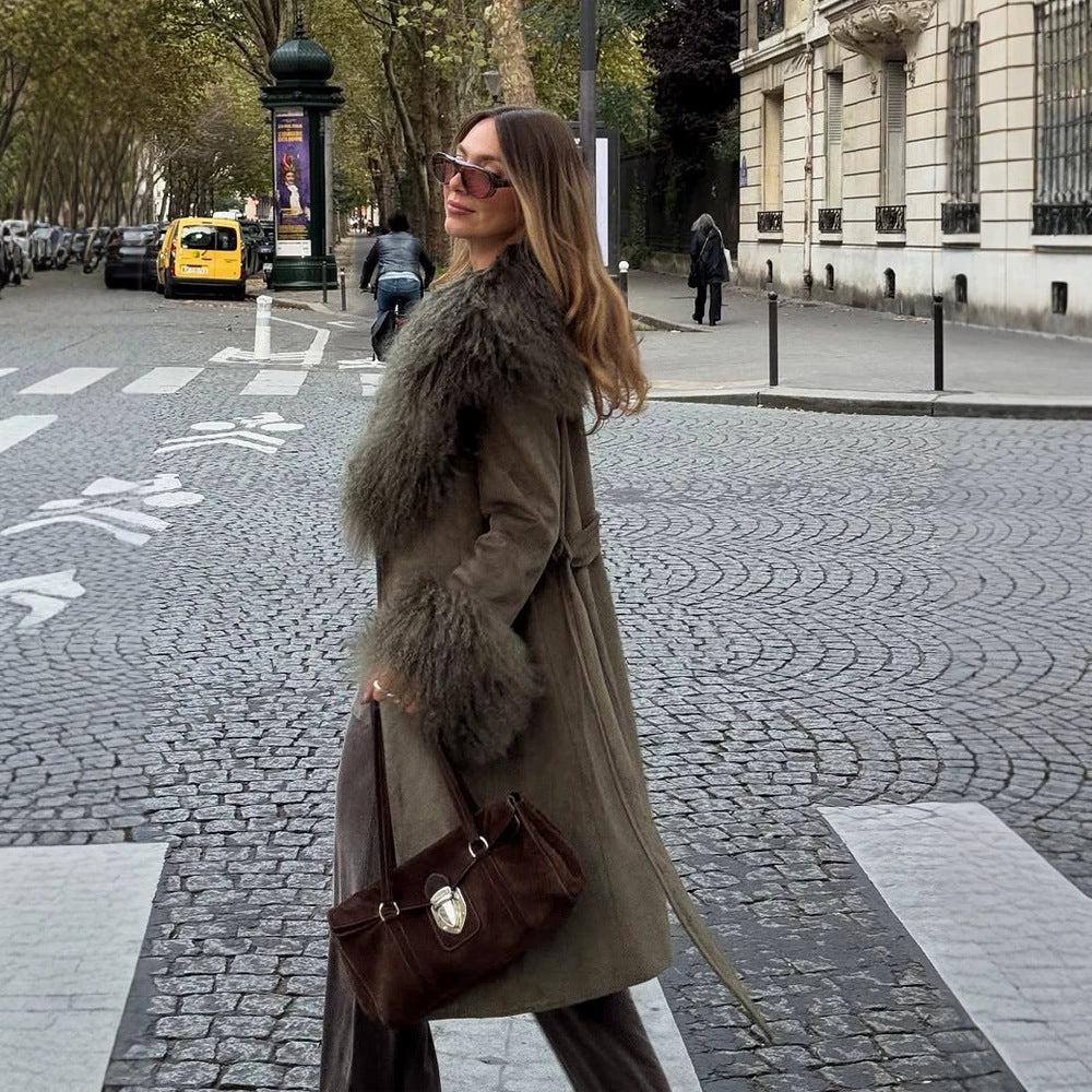 Damen Midilanger Bindemantel aus Veloursleder‑Optik mit Oversize-Fellkragen und voluminösen Fellmanschetten Nord Taschen