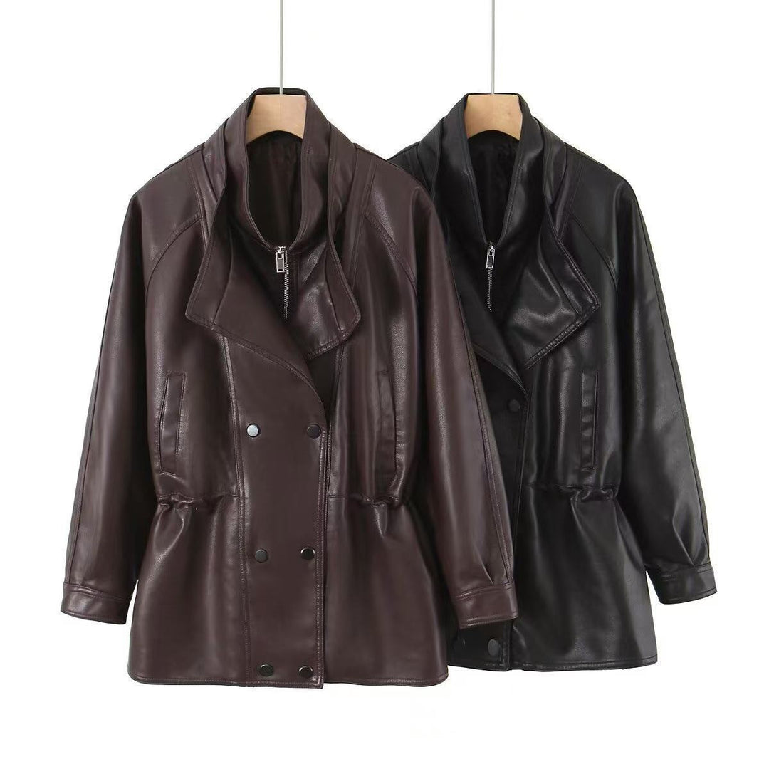 Damen Oversized Kunstlederjacke mit hohem Stehkragen und doppelreihiger Knopfleiste Nord Taschen