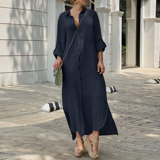 Damen Hemdblusenkleid mit durchgehender Knopfleiste, seitlichen Schlitzen und 3/4-Ärmeln Nord Taschen