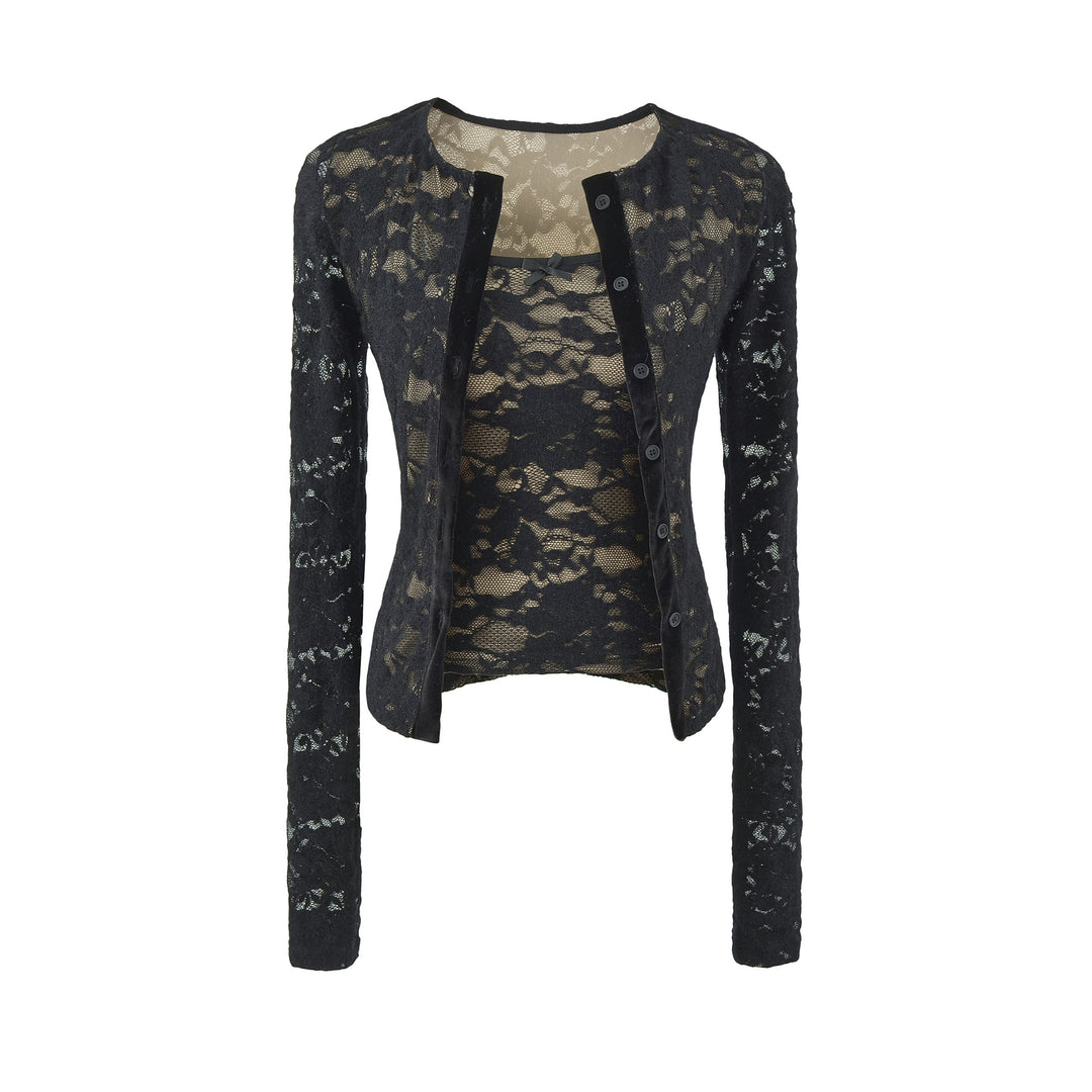 Damen Feiner Spitzen-Cardigan mit passendem Untertop und Samtbesatz Nord Taschen