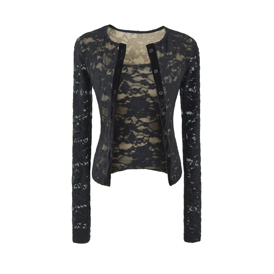 Damen Feiner Spitzen-Cardigan mit passendem Untertop und Samtbesatz Nord Taschen