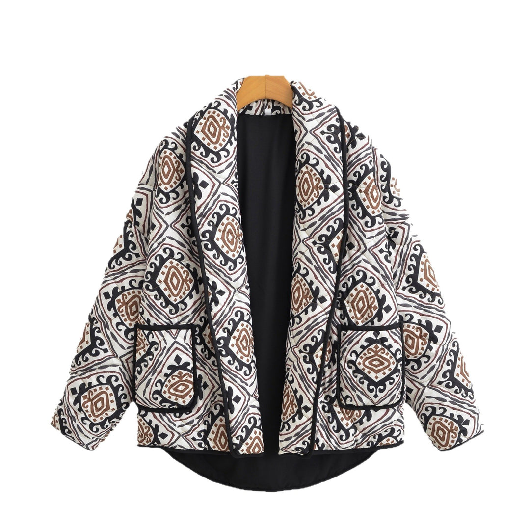 Damen Gesteppte Kimono-Jacke mit Ethno-Print, Kontrastpaspel und aufgesetzten Taschen Nord Taschen
