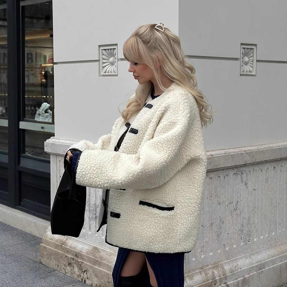 Damen Boxy Teddy-Fleecejacke mit Knebelverschlüssen und Kontrastkanten Nord Taschen