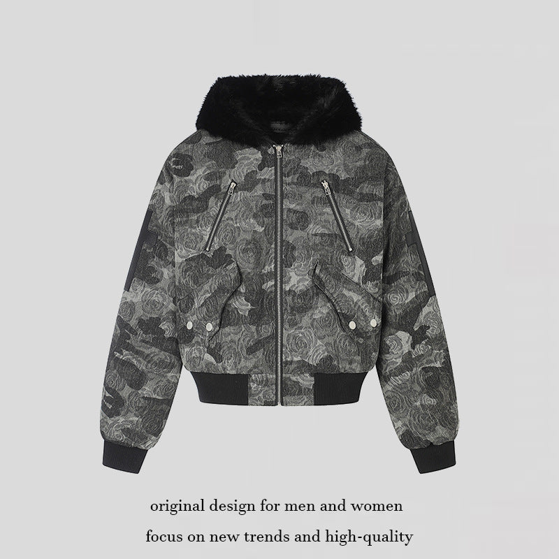 Damen wattierte Bomberjacke mit Kunstfellkapuze, Rosen‑Jacquard und Zipper‑Details Nord Taschen