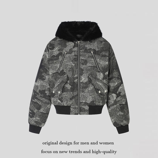 Damen wattierte Bomberjacke mit Kunstfellkapuze, Rosen‑Jacquard und Zipper‑Details Nord Taschen