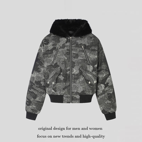 Damen wattierte Bomberjacke mit Kunstfellkapuze, Rosen‑Jacquard und Zipper‑Details Nord Taschen