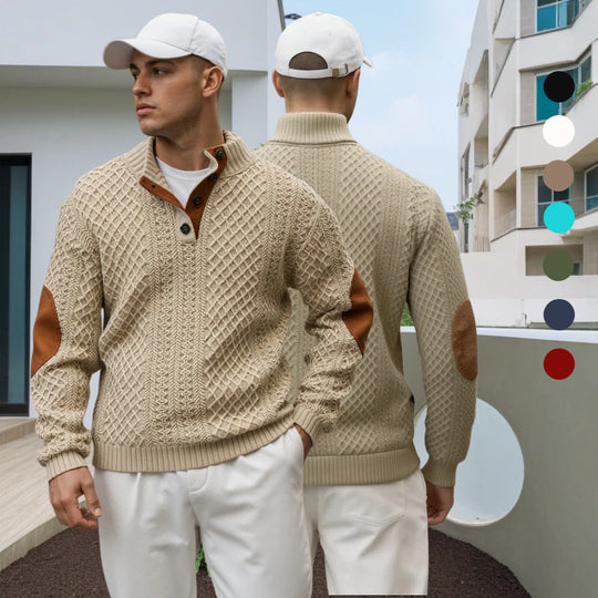 Herren Troyer-Pullover mit Stehkragen, strukturierter Strickoptik und Kontrast-Ellbogenpatches Nord Taschen