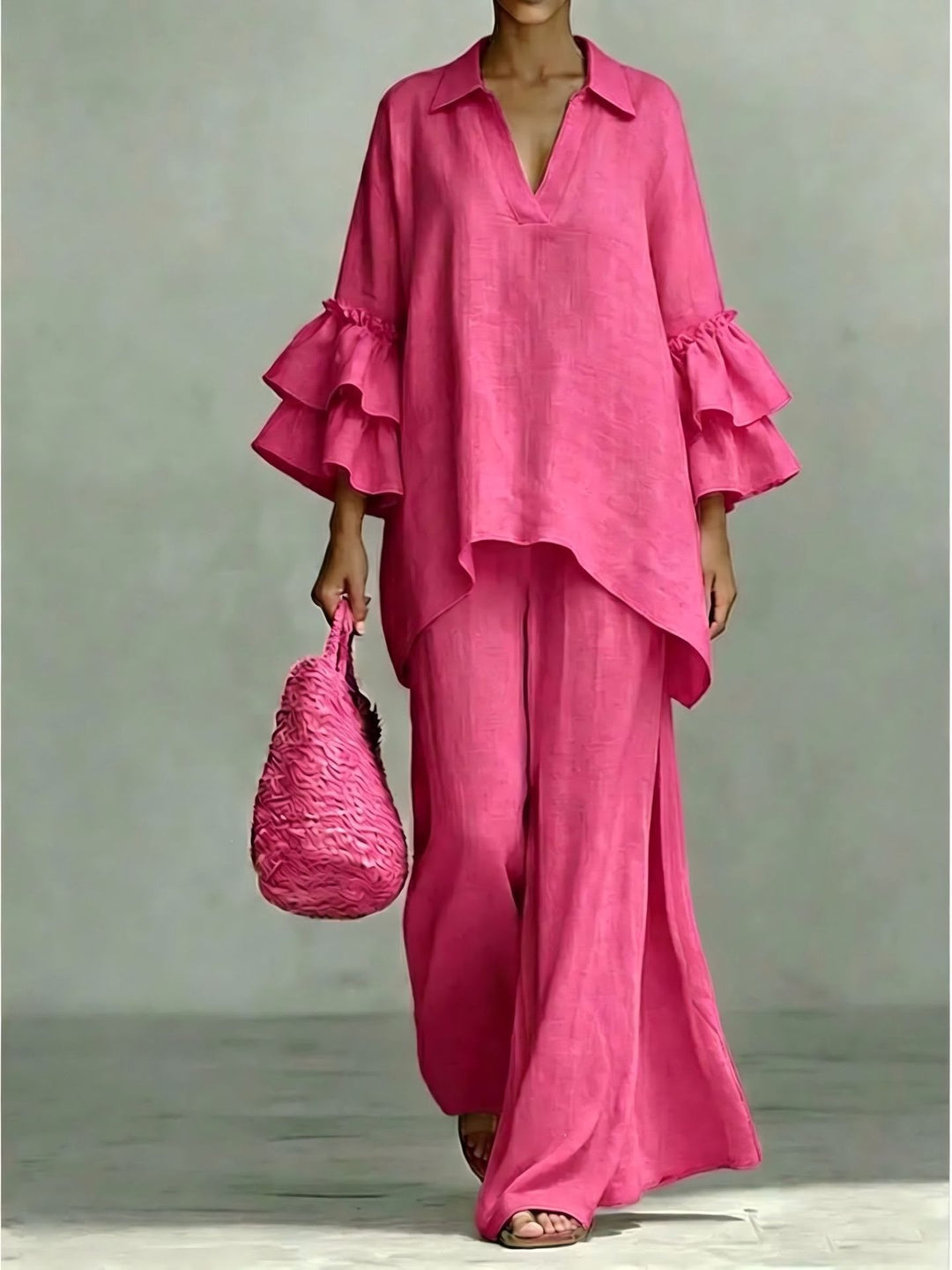 Damen Leinen-Loungewear-Set mit Volantärmeln und weitem Palazzo-Hose Nord Taschen