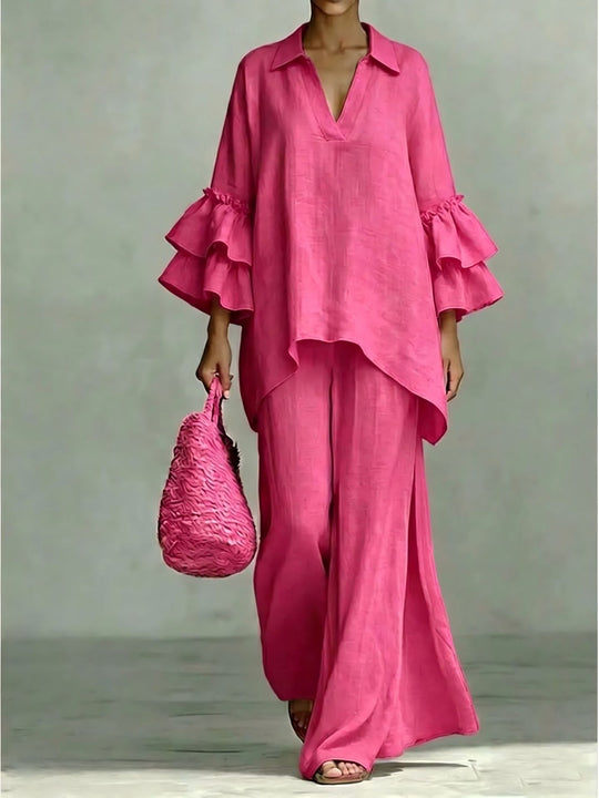 Damen Leinen-Loungewear-Set mit Volantärmeln und weitem Palazzo-Hose Nord Taschen