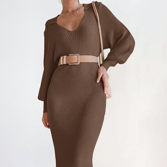 Damen Midikleid aus Rippstrick mit V‑Ausschnitt, Hemdkragen, Balloonärmeln & Bindegürtel Nord Taschen