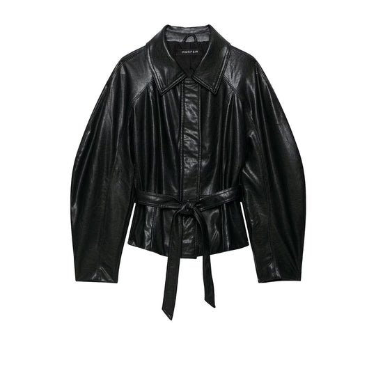 Damen Kurzjacke aus veganem Leder mit Taillen-Bindegürtel und überschnittener Raglanärmelkonstruktion Nord Taschen