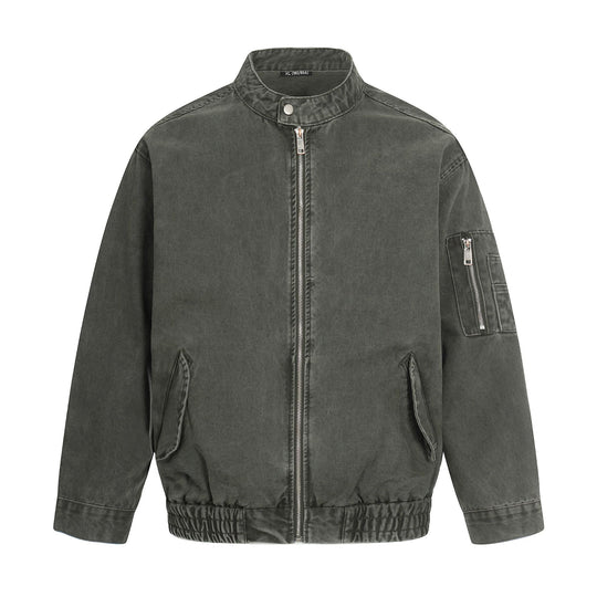 Herren kurz geschnittene Vintage‑Wasch Bomberjacke im Boxy‑Cut mit Stehkragen und Ärmel‑Reißverschluss Nord Taschen