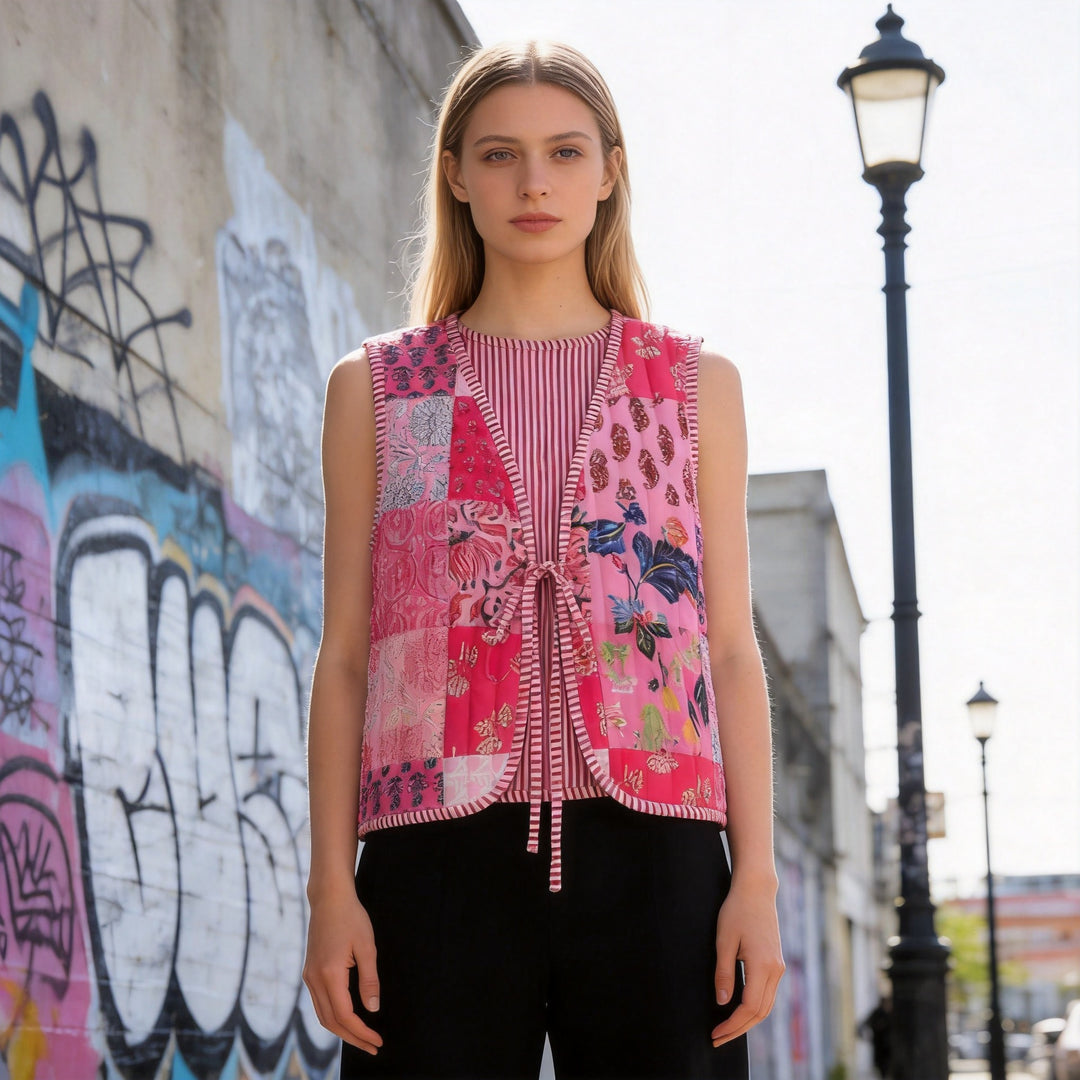 Damen Patchwork-Weste mit V-Ausschnitt, Bindeband und gestreiftem Innenfutter Nord Taschen