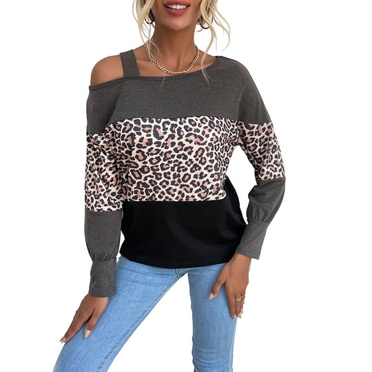 Damen Legerer Off-Shoulder Pullover mit Leoparden‑Print, Kontrastblöcken und Spaghettiträger Nord Taschen