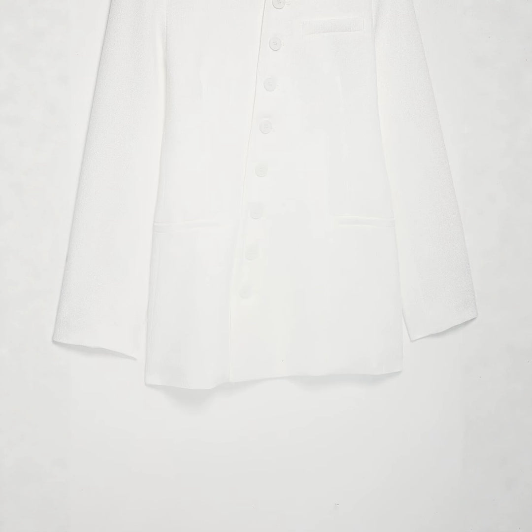 Damen Mandarin-Kragen Longblazer mit durchgehender Knopfleiste und aufgesetzten Taschen Nord Taschen