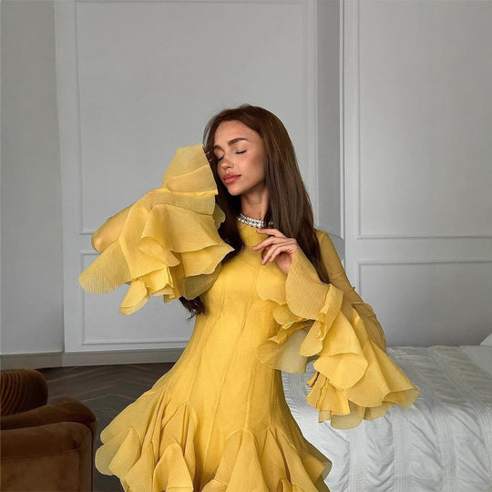 Damen Rüschen‑Chiffon‑Minikleid mit Volants und transparenten Ärmeln Nord Taschen