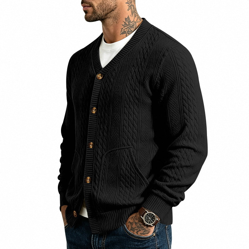 Herren strukturierter Strickcardigan mit Zopfmuster, V-Ausschnitt und aufgesetzten Taschen Nord Taschen