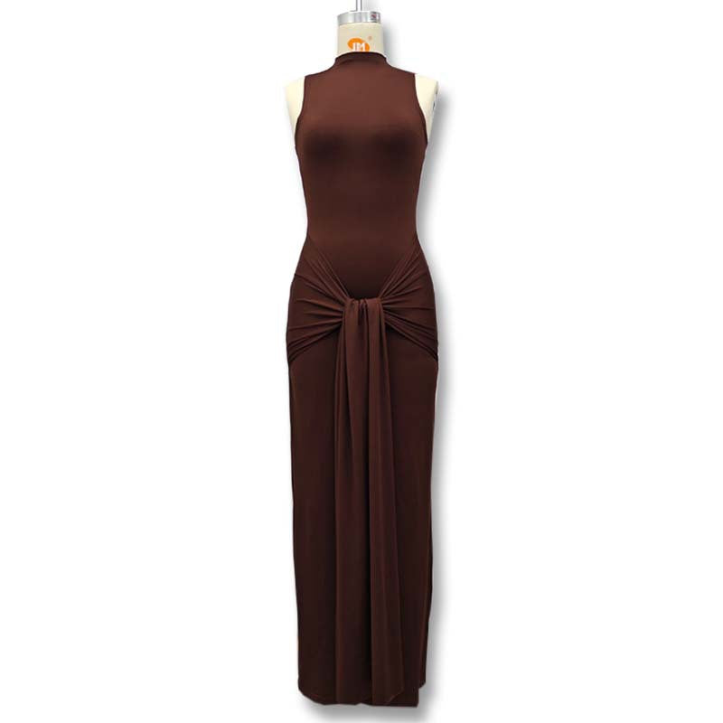 Damen Elegantes Maxikleid mit hochgeschlossenem Kragen und Drapierung Nord Taschen