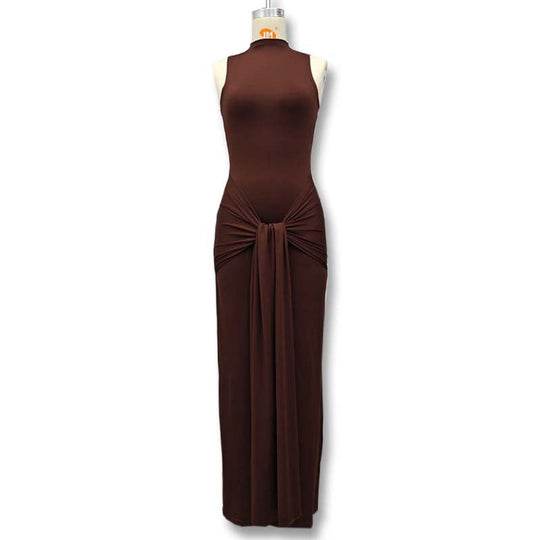 Damen Elegantes Maxikleid mit hochgeschlossenem Kragen und Drapierung Nord Taschen