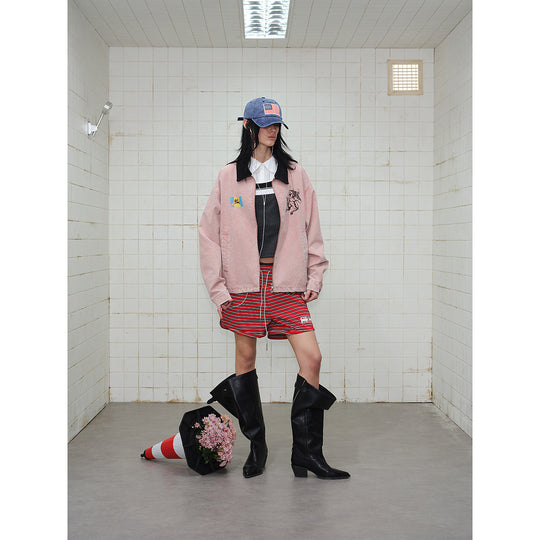 Unisex Boxy-Blousonjacke aus gewaschenem Baumwoll-Twill mit Cordkragen und Printdetails Nord Taschen
