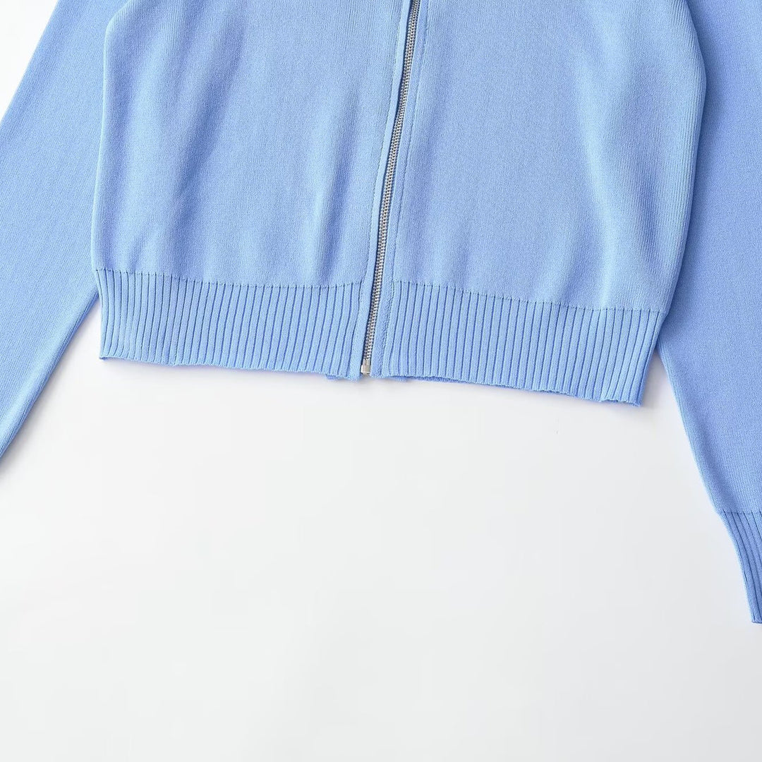 Damen Kurzgeschnittene Strickjacke mit breitem Reverskragen und Reißverschluss Nord Taschen
