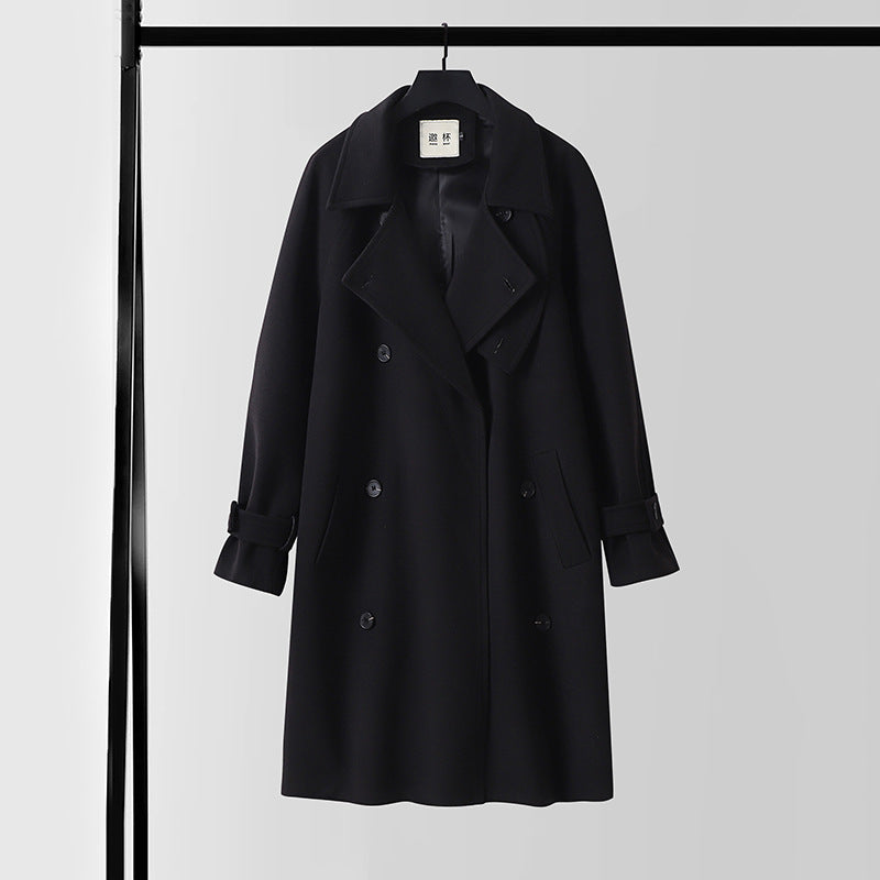 Herren Dramatisch geschnittener Doppelreihiger Wollmix-Longcoat mit Kragenlaschen und Bindegürtel Nord Taschen