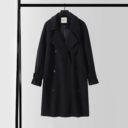 Herren Dramatisch geschnittener Doppelreihiger Wollmix-Longcoat mit Kragenlaschen und Bindegürtel Nord Taschen