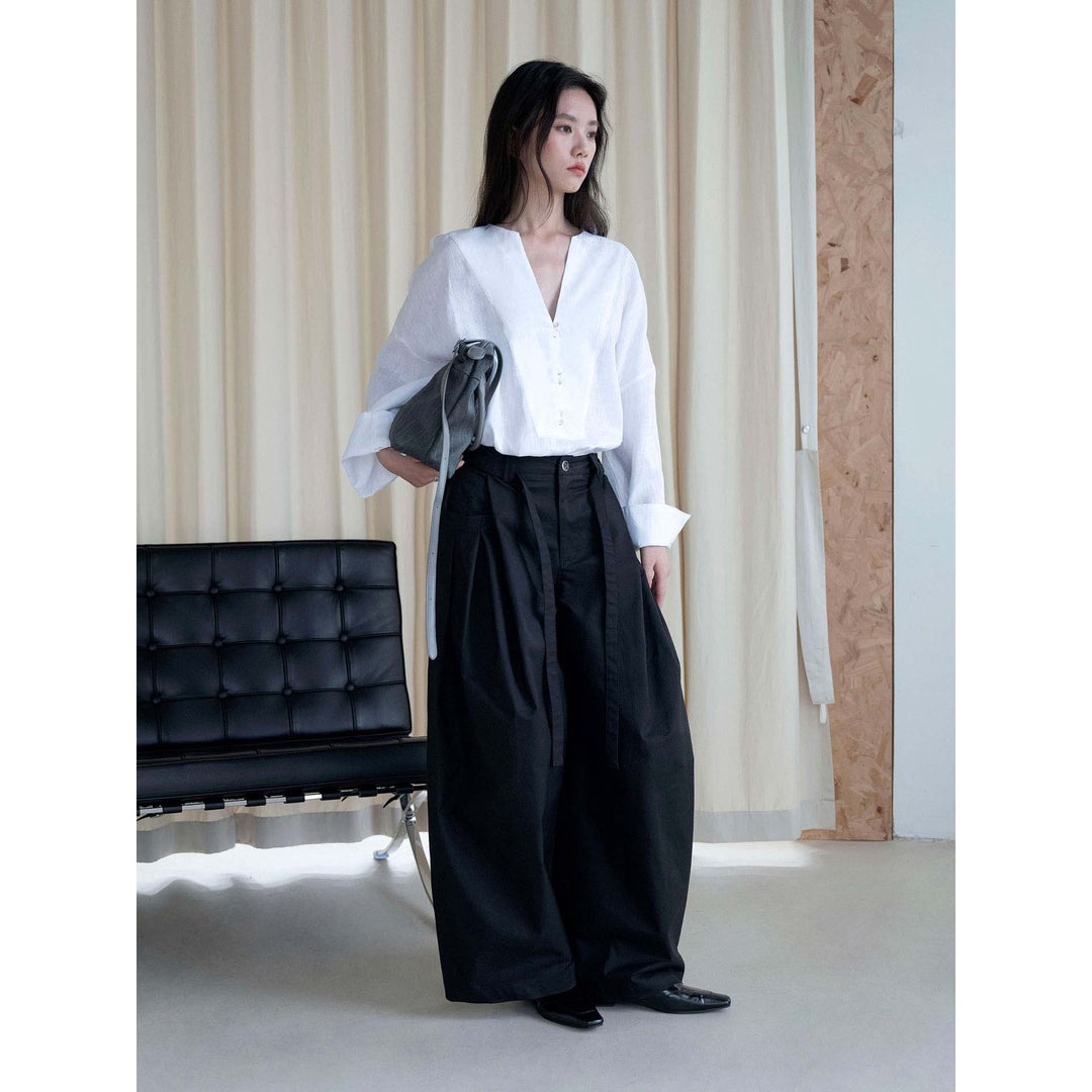 Damen Weite Bundfaltenhose mit hoher Taille und Bindegürtel Nord Taschen