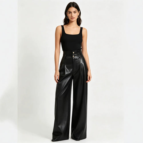Damen Hochtaillierte Wide‑Leg Kunstlederhose mit Zierknöpfen Nord Taschen