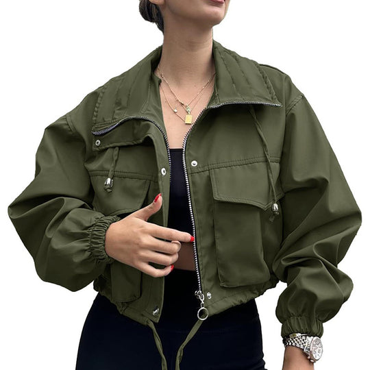 Damen kurze Utility-Jacke mit Kordelzug, Reißverschluss und aufgesetzten Taschen Nord Taschen