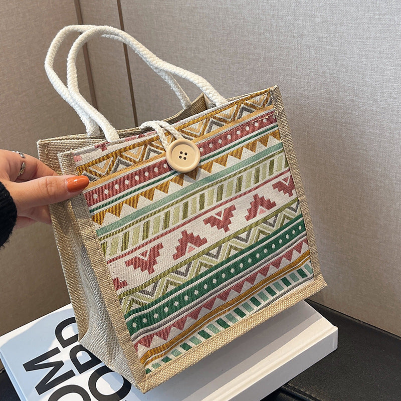 Damen Jutetasche mit buntem Ethnomuster und praktischen Tragegriffen Nord Taschen