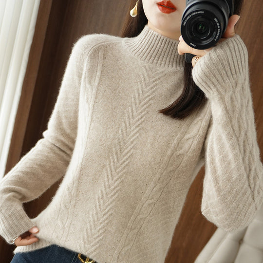 Damen Leichter Mohair‑Look Stehkragenpullover mit Zopf‑Ajour und taillierter Silhouette Nord Taschen