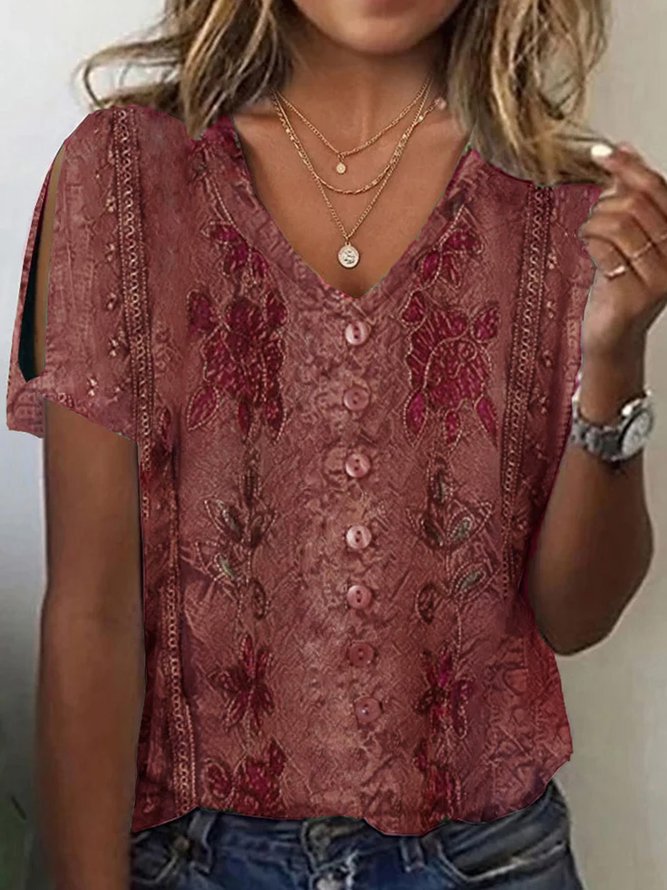 Damen V-Ausschnitt Bluse mit floralen Details und Knopfverschluss