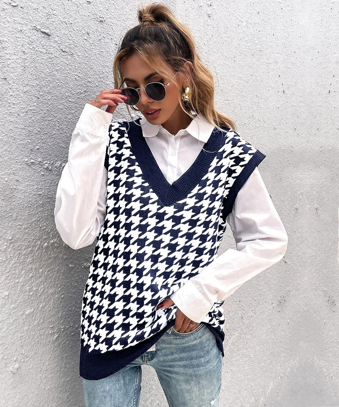 Damen Oversize Strickweste mit Hahnentrittmuster und V-Ausschnitt Nord Taschen