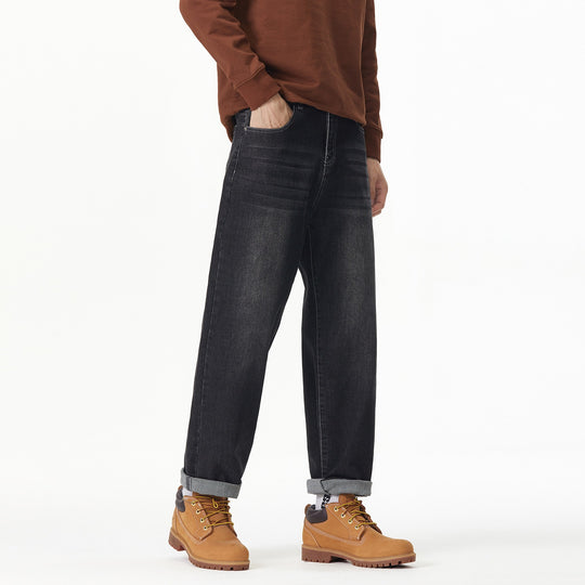 Herren Weite gerade geschnittene Denim-Jeans mit Used‑Wash und Umschlagbund Nord Taschen