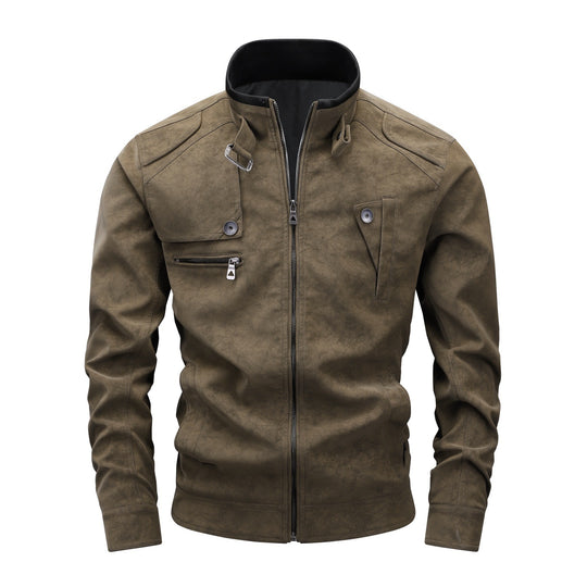 Herren Slim-Fit Biker-Bomberjacke aus Wildlederimitat mit Stehkragen und Zierknöpfen Nord Taschen