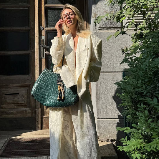 Damen Zweiteiliges Jacquard-Hosen-Set mit Oversize-Boxy-Blazer und hochgeschnittener Palazzo-Hose Nord Taschen