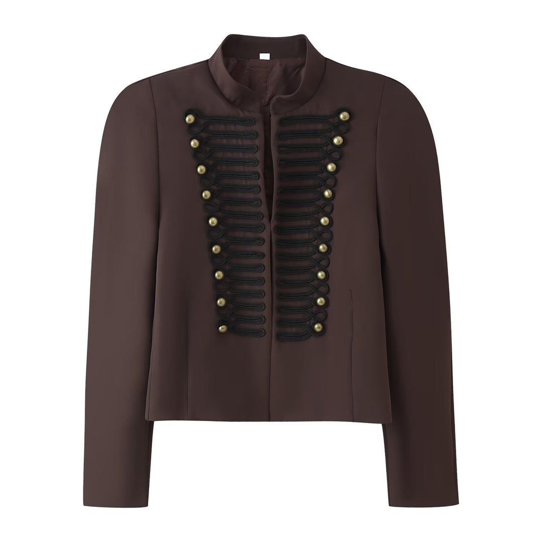 Damen Cropped‑Blazer im Militärstil mit Stehkragen und Zierkordierungen Nord Taschen