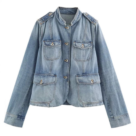 Damen Jeansjacke im Utility-Look mit Stehkragen, Pattentaschen und Schulterpatten Nord Taschen