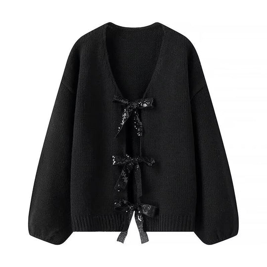 Damen Oversized Strickcardigan mit V-Ausschnitt und Pailletten‑Schleifen Nord Taschen
