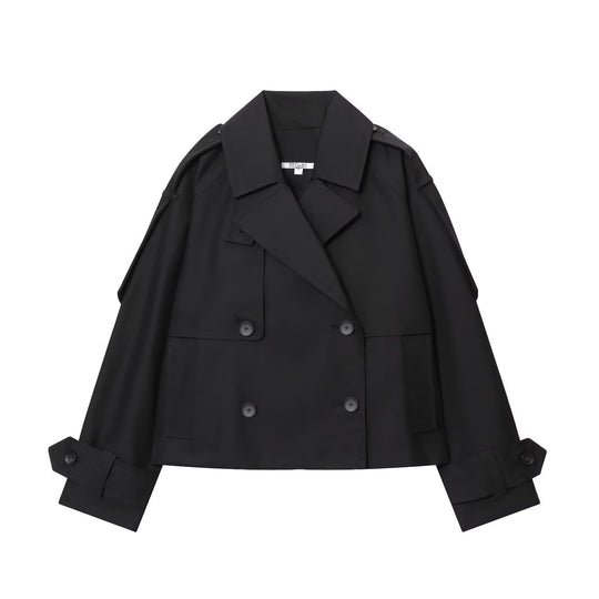 Damen 300+ kurzer doppeltreihiger Cropped‑Trenchcoat mit Epauletten und verstellbaren Manschetten Nord Taschen