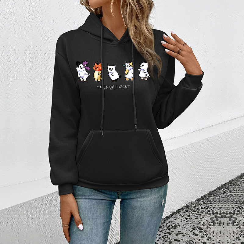 Damen Kapuzenpullover mit Cartoon-Katzen-Motiv, Kängurutasche und weichem Futter Nord Taschen