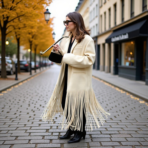 Damen Langmantel mit langem Fransen‑Saum, kastiger Oversize‑Silhouette und Reverskragen Nord Taschen