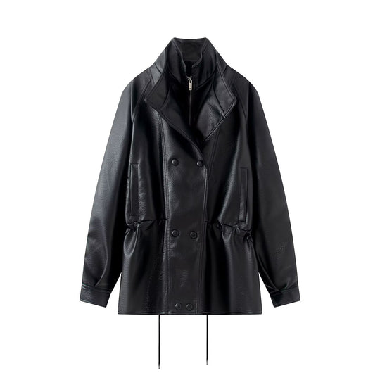 Damen Doppelreihige Kunstlederjacke mit Stehkragen, weitem Revers und Tunnelzug Nord Taschen