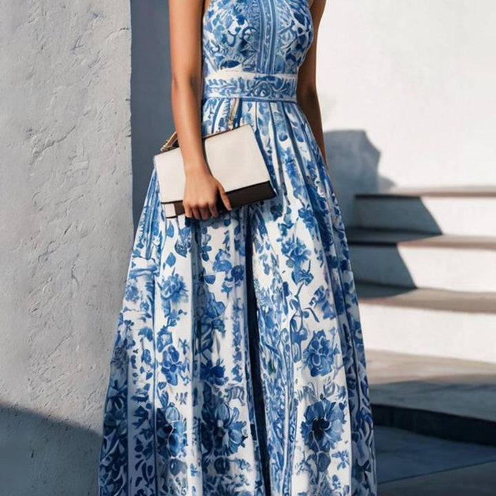 Damen Maxikleid mit floralem Kragen und ausgestelltem Rock