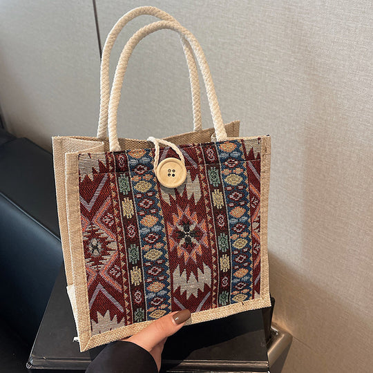 Damen Jute Tragetasche mit kunstvollem Ethnomuster Nord Taschen